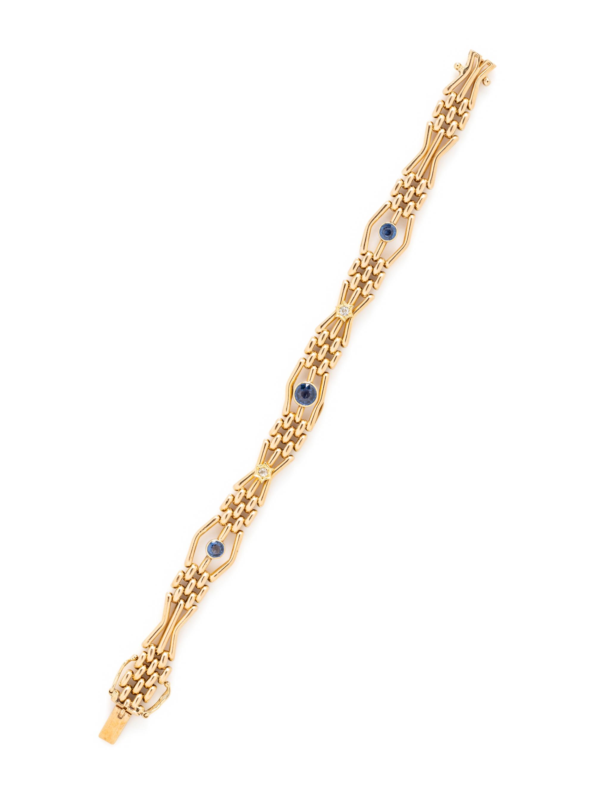 YELLOW GOLD, SYNTHETIC SAPPHIRE, AND DIAMOND BRACELET