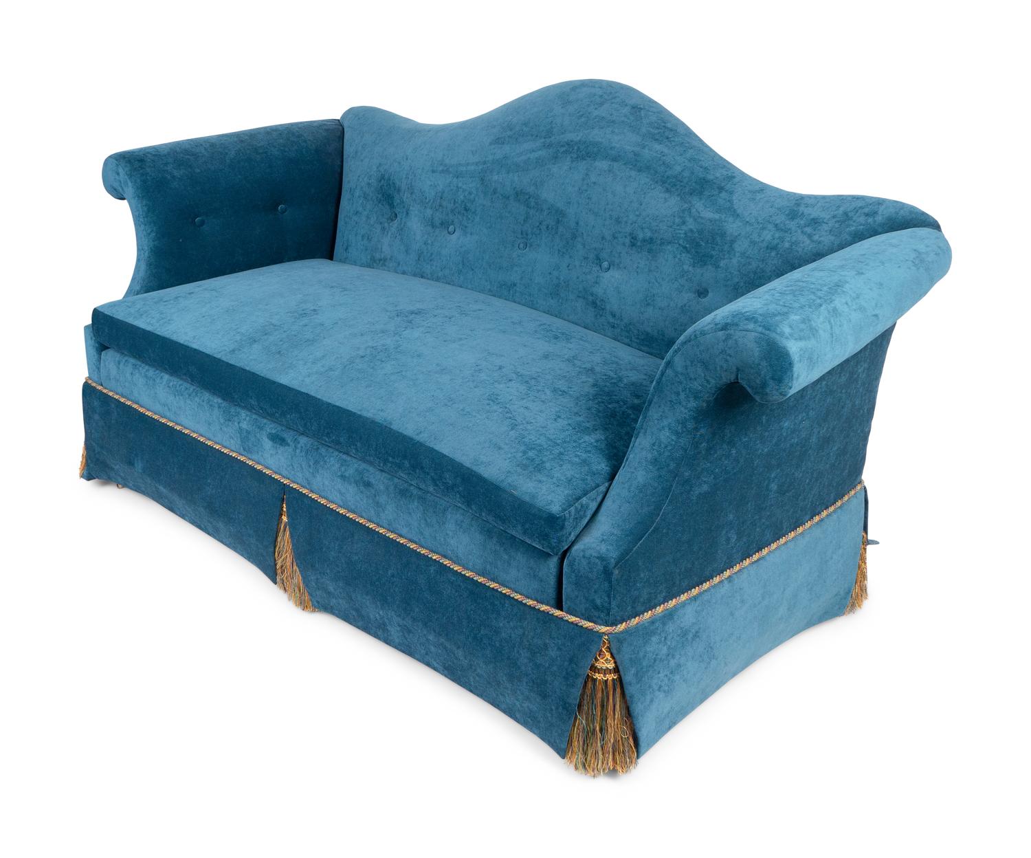 A Camel Back Settee Upholstered in Teal Velvet — 19TH CENTURY