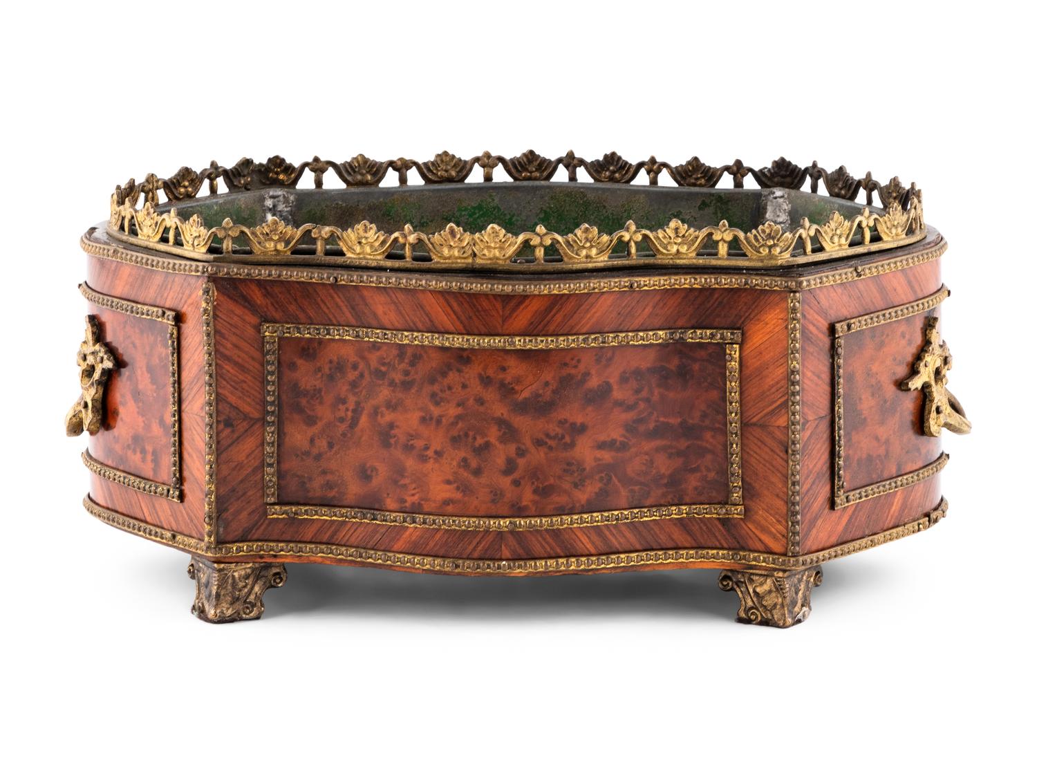 A Napoleon III Style Kingwood and Burl Amboyna Jardinière