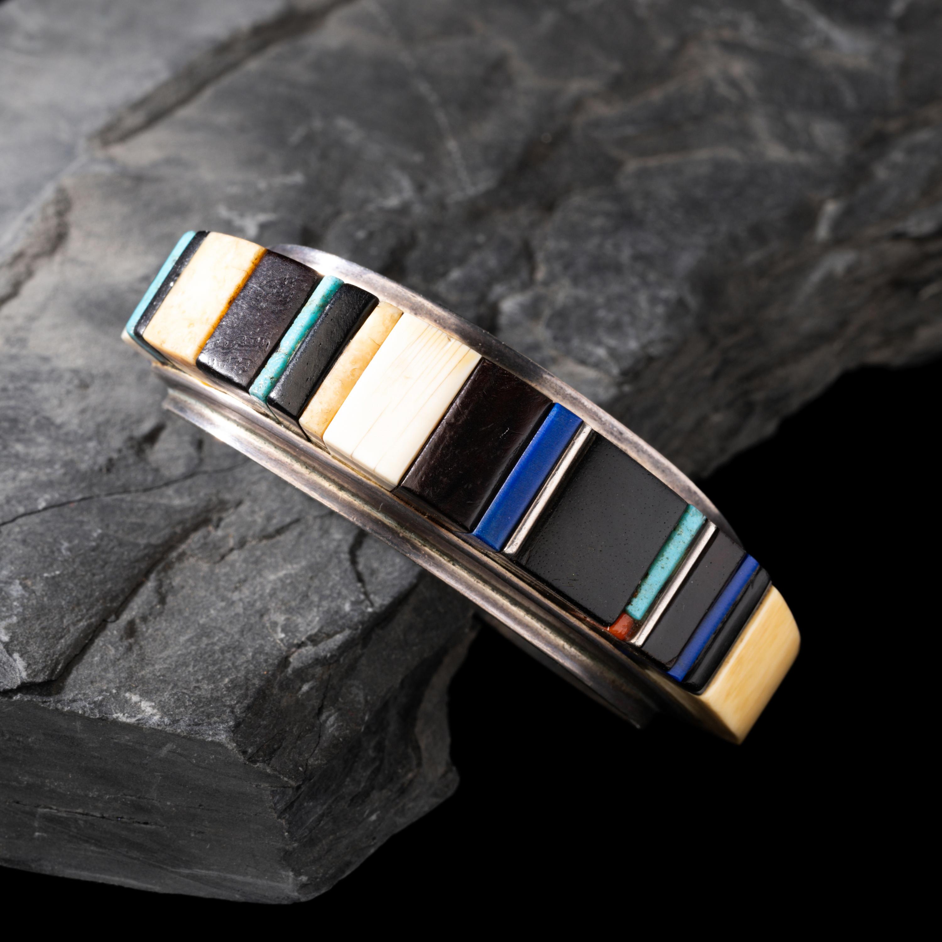 Charles Loloma (Hopi, 1921-1991) — Silver and Cobblestone Inlay Cuff Bracelet