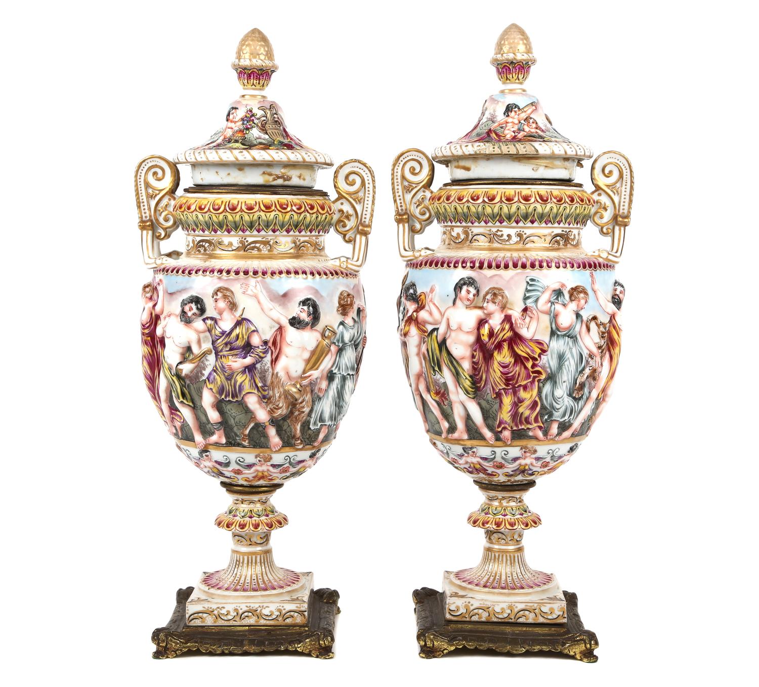 A Pair of Capo-di-Monte Porcelain Covered Urns Height 16 3/4 inches. — 19TH CENTURY