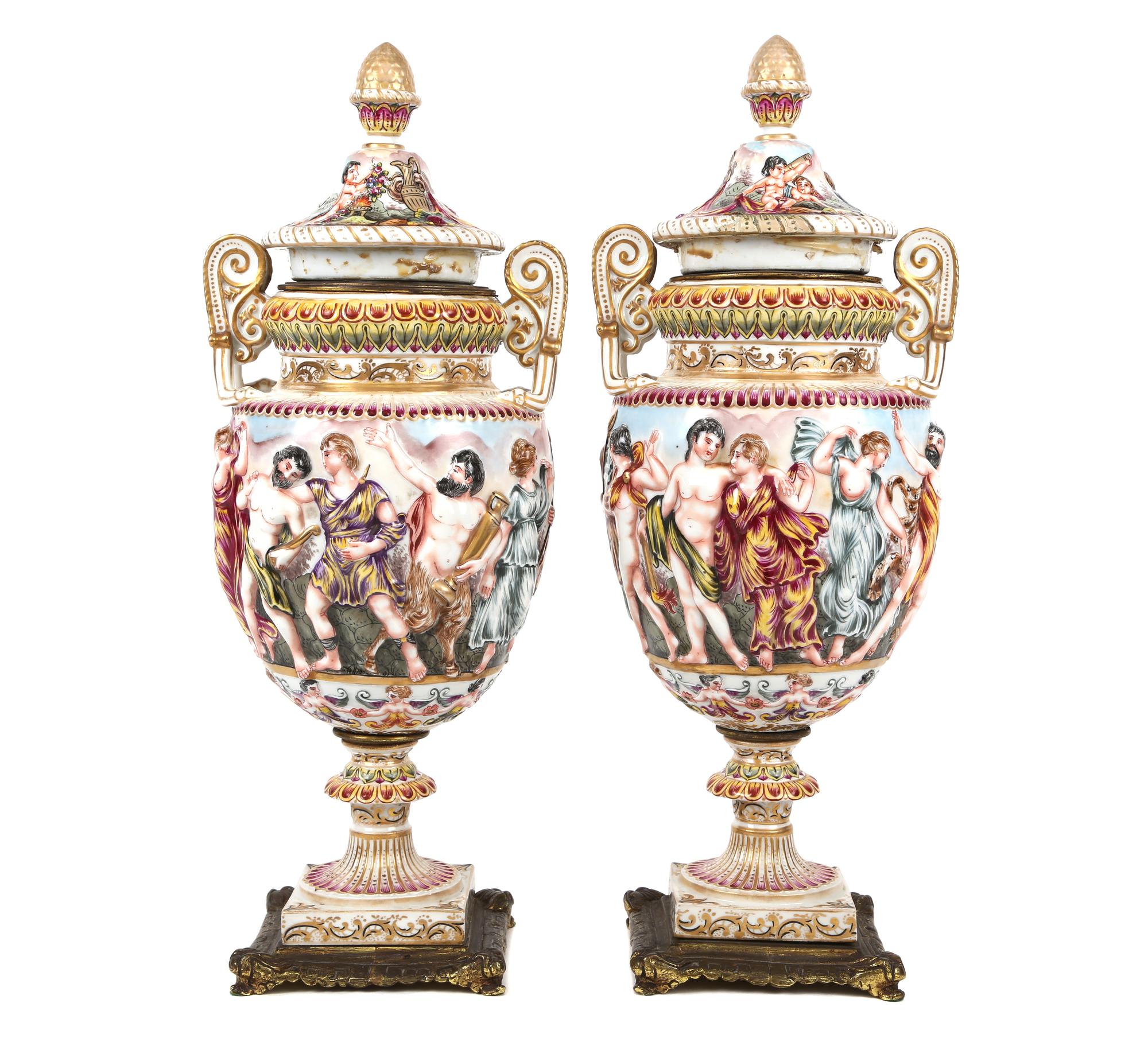 A Pair of Capo-di-Monte Porcelain Covered Urns Height 16 3/4 inches. — 19TH CENTURY