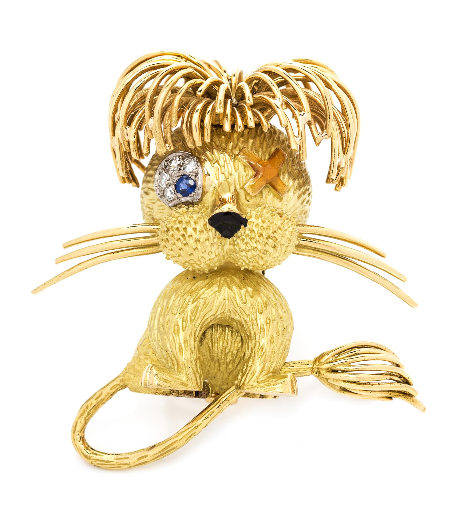 A Yellow Gold, Diamond, Sapphire, and Enamel Lion Brooch, Fred Paris, 12.90 dwts.
