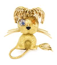A Yellow Gold, Diamond, Sapphire, and Enamel Lion Brooch, Fred Paris, 12.90 dwts.