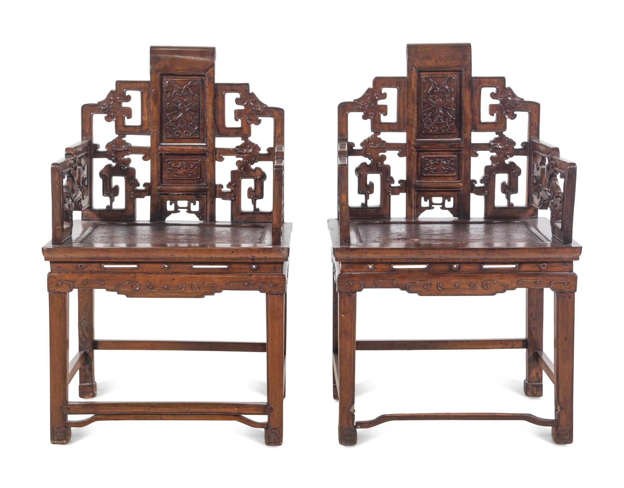A Pair of Chinese Softwood ‘Scroll-End’ Style Armchairs