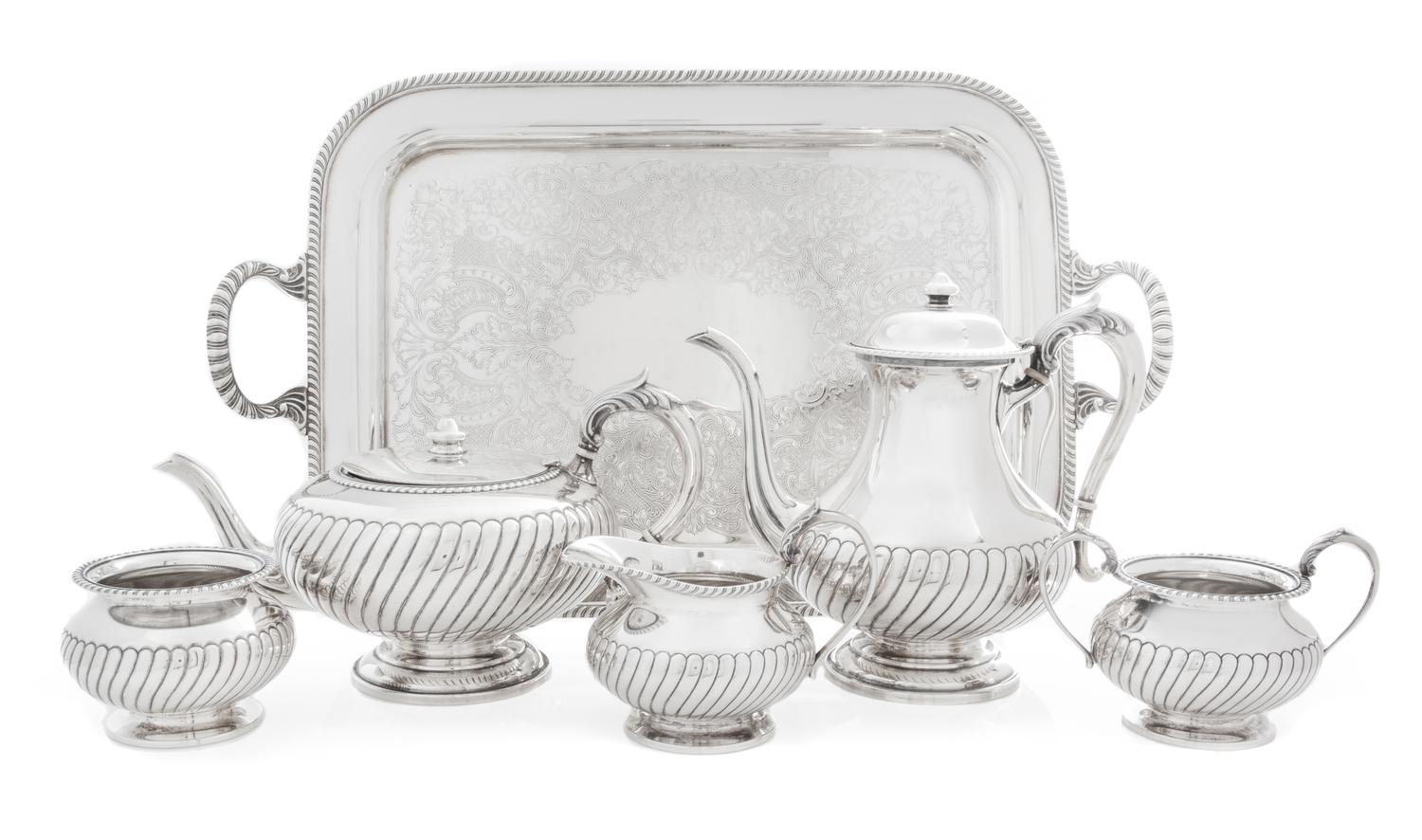 An American Silver Five-Piece Tea and Coffee Service, Durham Silver Co., New York, NY, Mid-20th Century, comprising a teapot, coffee po