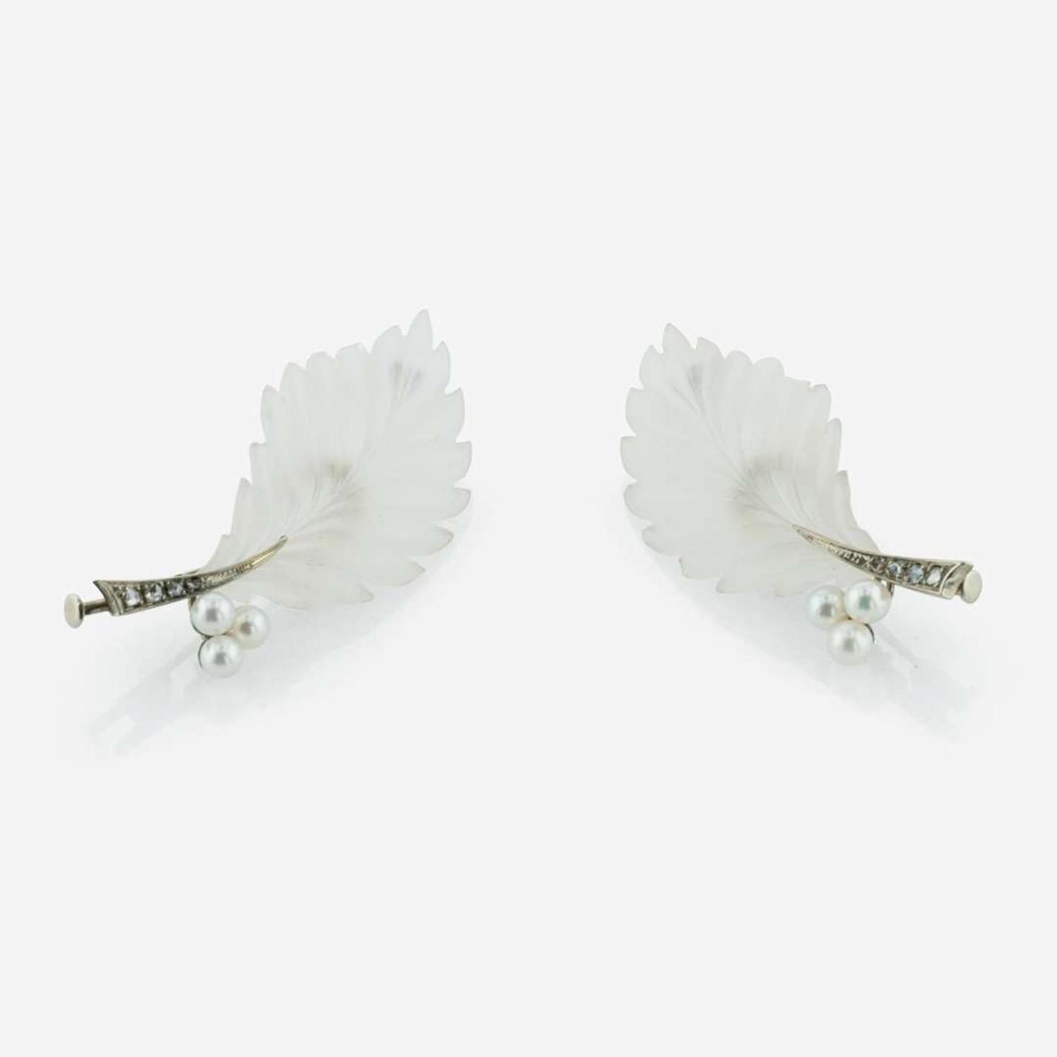Set of Two 14K White Gold and Rock Crystal Brooches