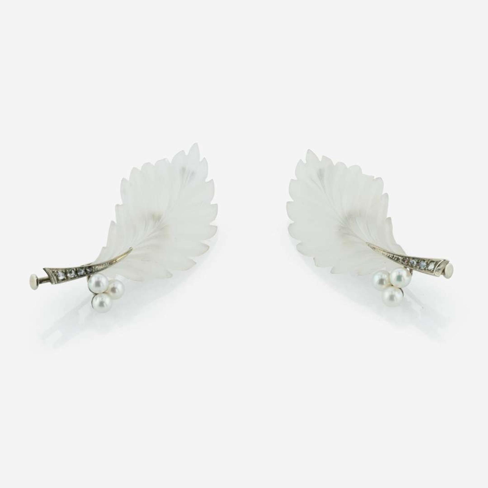 Set of Two 14K White Gold and Rock Crystal Brooches