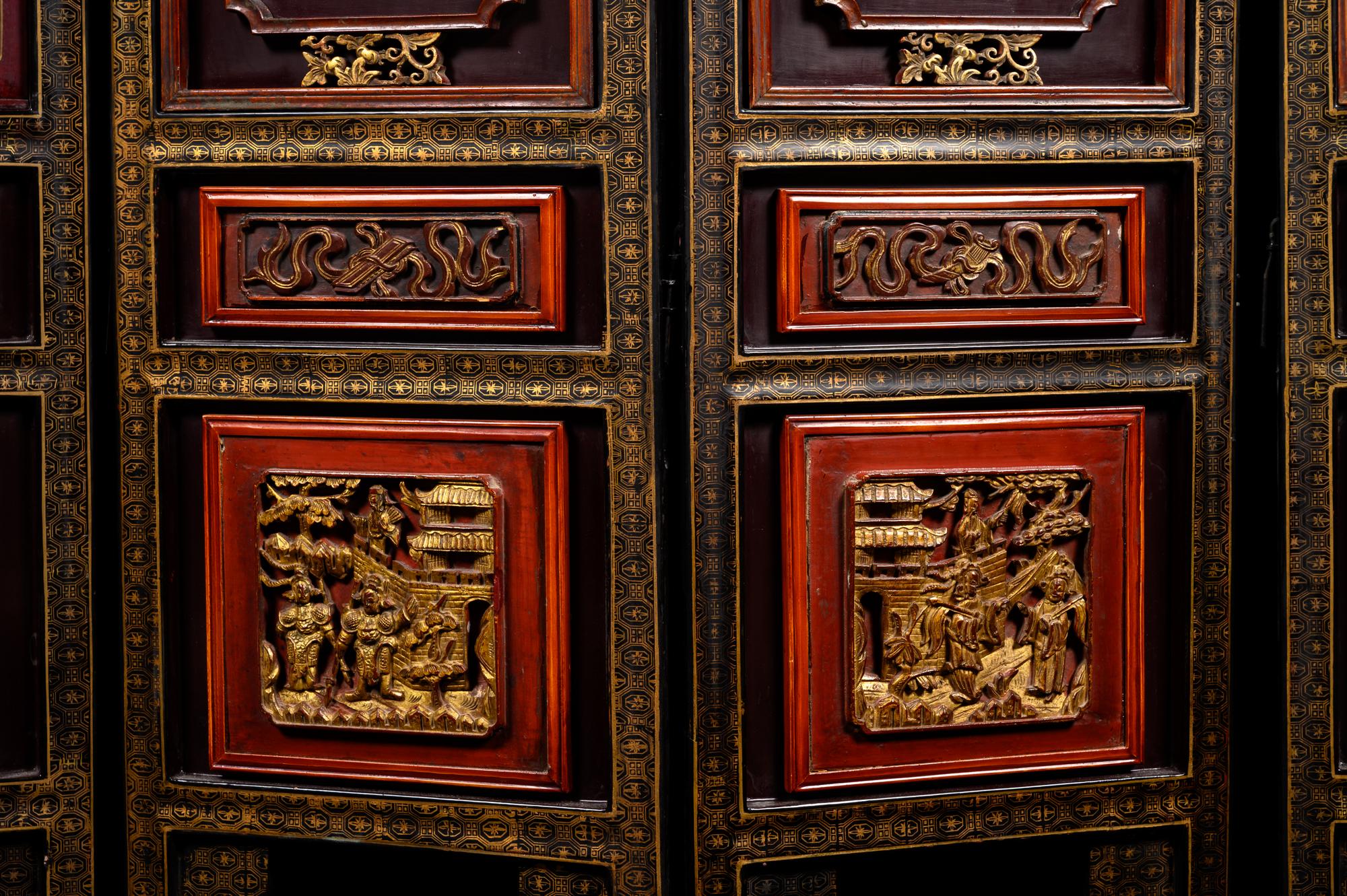 A Chinese Hardstone Inset and Lacquered Six-Panel Floor Screen