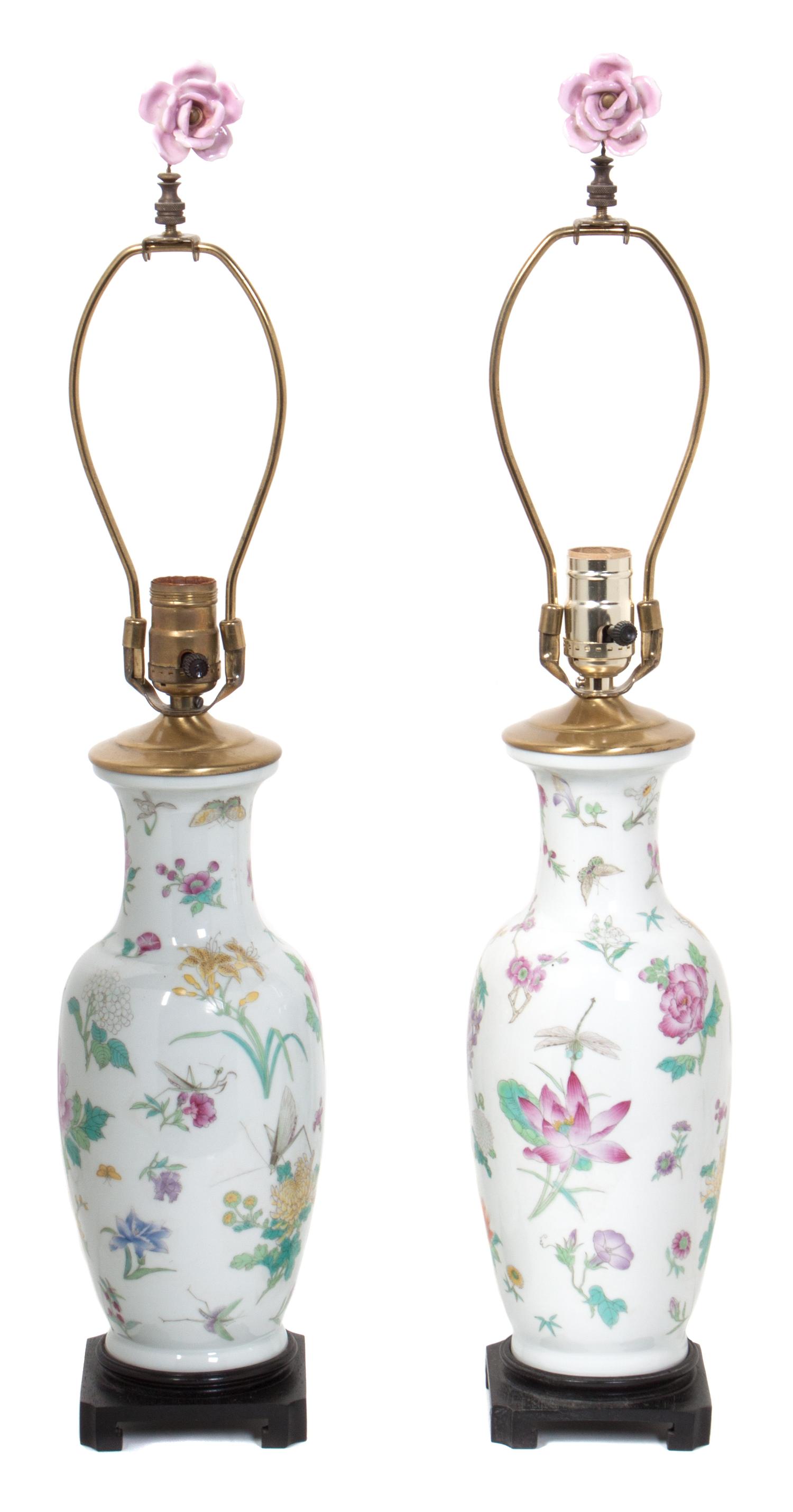 A Pair of Porcelain Vases Mounted as Lamps Height 26 inches. — 20TH CENTURY