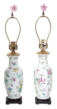 A Pair of Porcelain Vases Mounted as Lamps Height 26 inches. — 20TH CENTURY