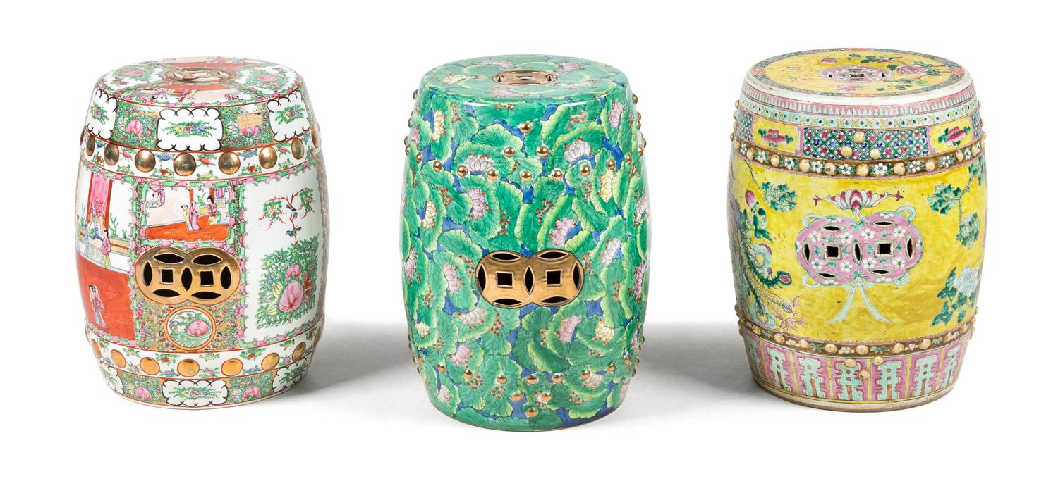 Three Famille Rose Porcelain Garden Stools