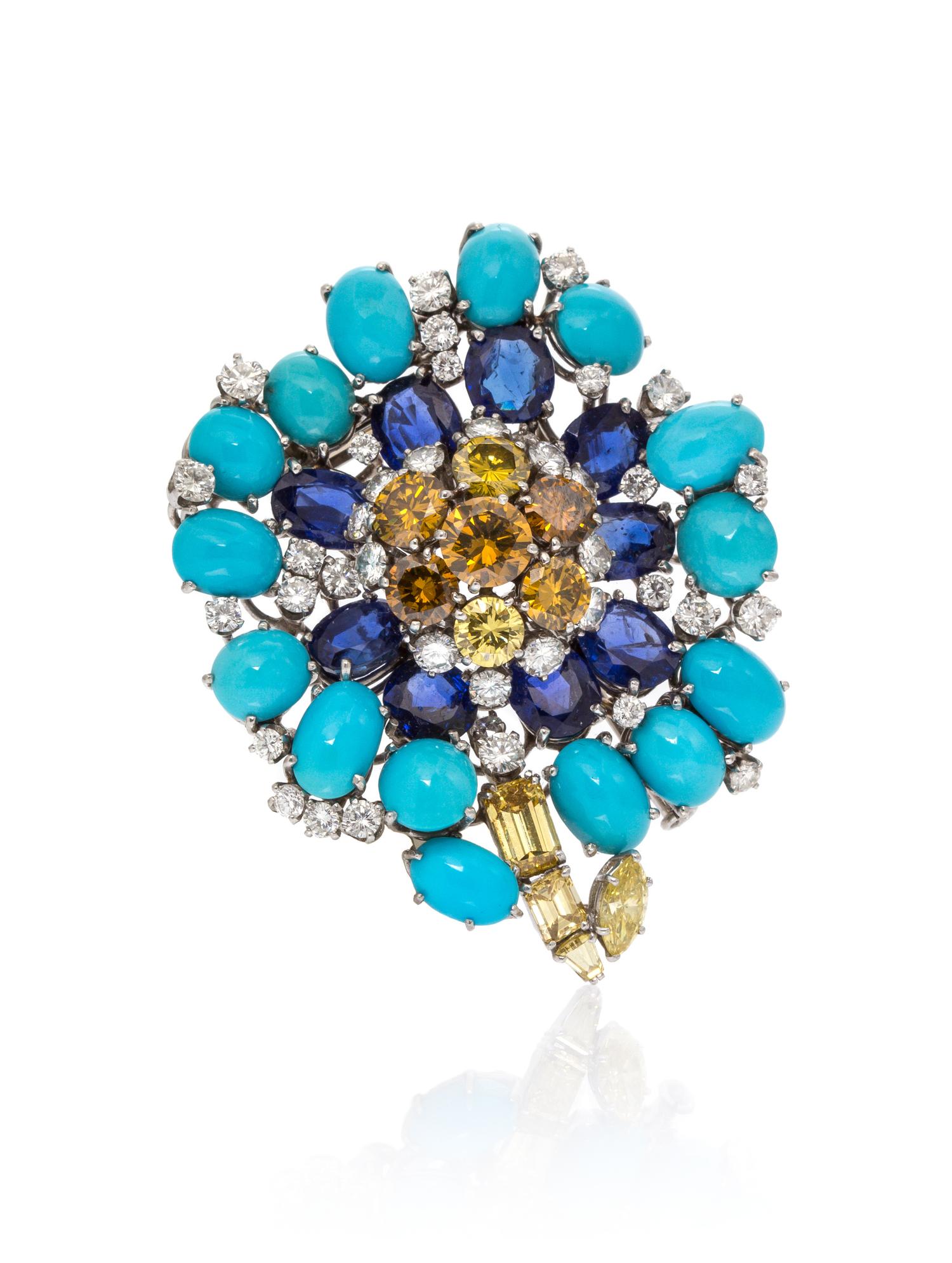 A Vintage Platinum, Colored Diamond, Diamond, Turquoise and Sapphire Brooch, David Webb, 26.60 dwts.