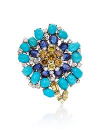 A Vintage Platinum, Colored Diamond, Diamond, Turquoise and Sapphire Brooch, David Webb, 26.60 dwts.
