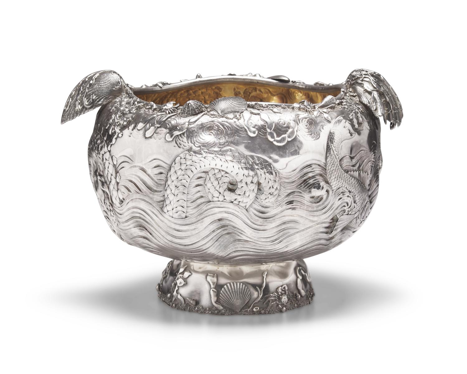 A Rare and Monumental Sterling Silver Japonesque Punch Bowl