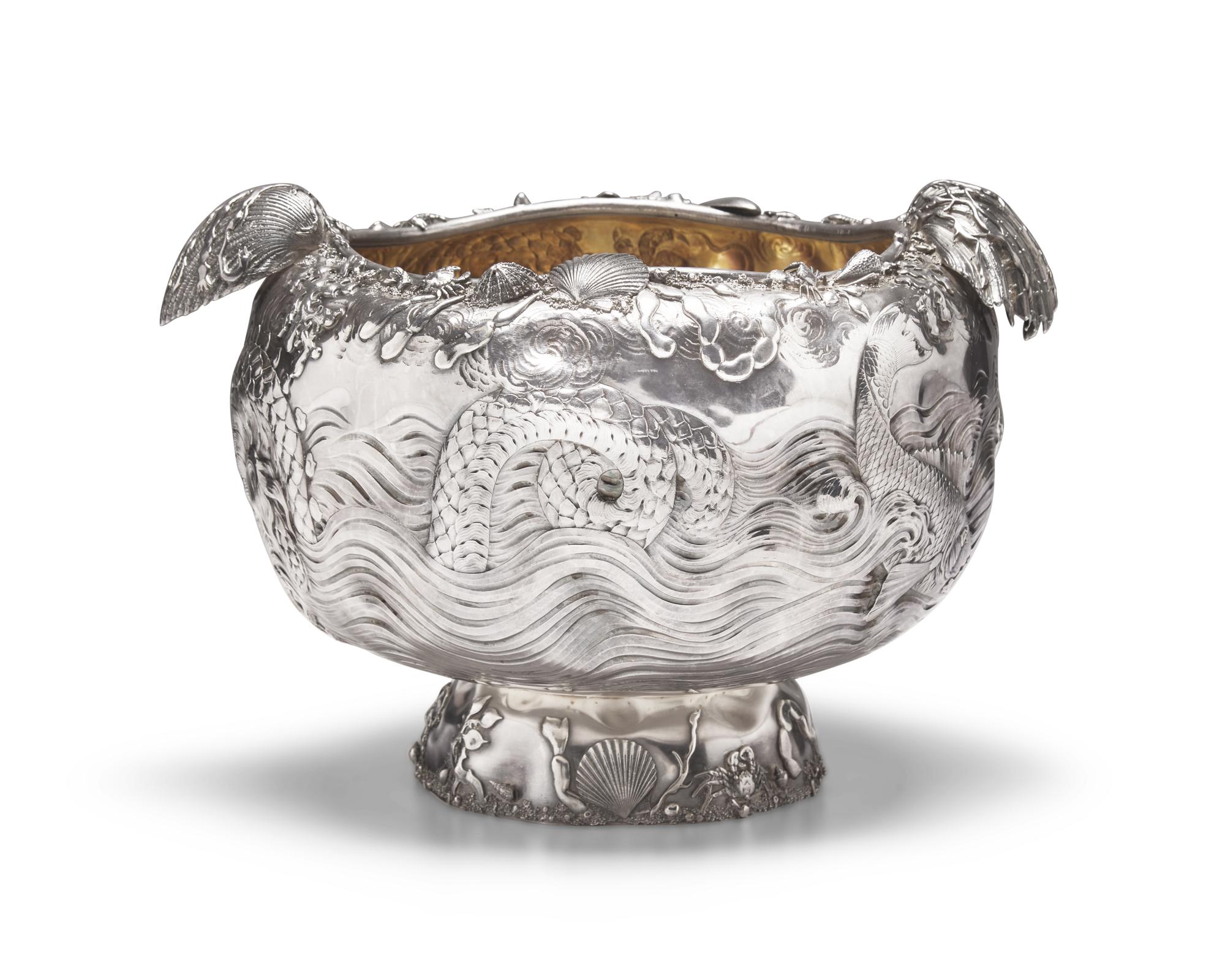 A Rare and Monumental Sterling Silver Japonesque Punch Bowl