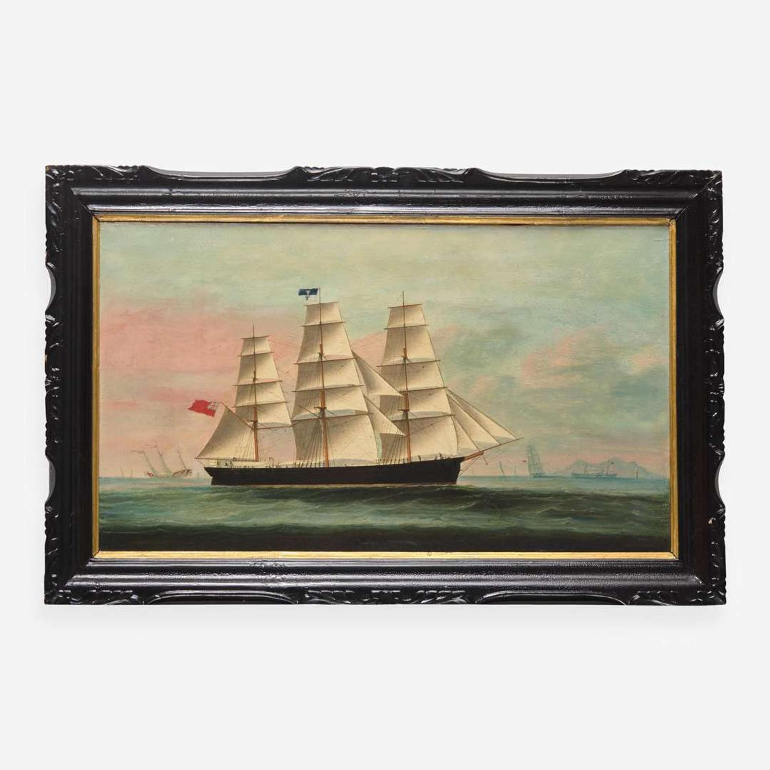 A China Trade painting depicting a British ship off a coast 海上貿易畫 19th century ????