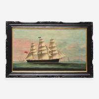 A China Trade painting depicting a British ship off a coast 海上貿易畫 19th century ????