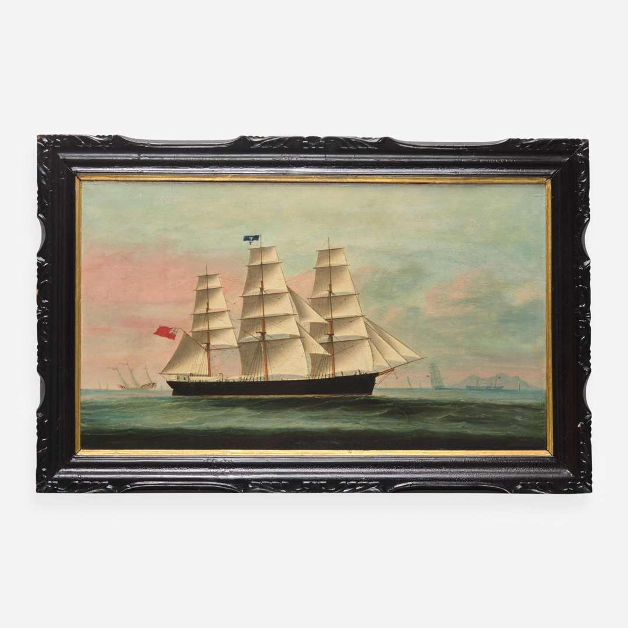 A China Trade painting depicting a British ship off a coast 海上貿易畫 19th century ????