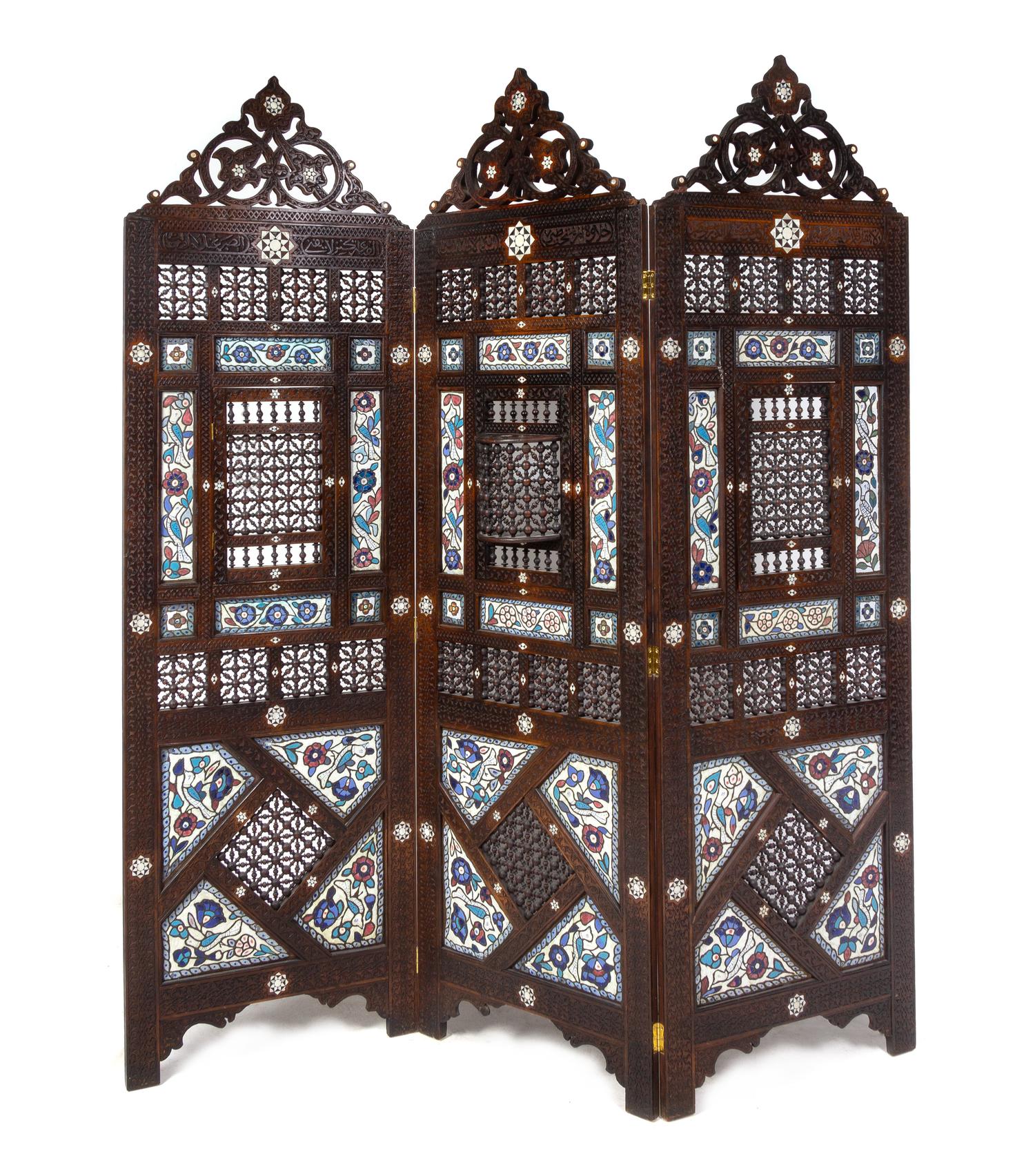 A Syrian Enamel, Copper and Mother-of-Pearl Inlaid Three-Panel Floor Screen