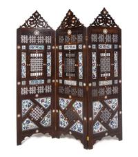 A Syrian Enamel, Copper and Mother-of-Pearl Inlaid Three-Panel Floor Screen