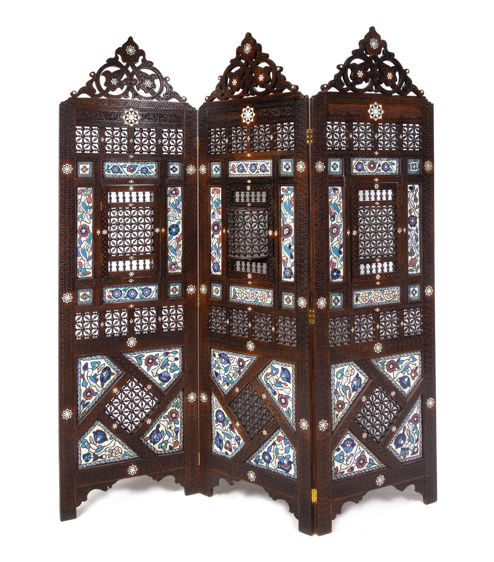 A Syrian Enamel, Copper and Mother-of-Pearl Inlaid Three-Panel Floor Screen