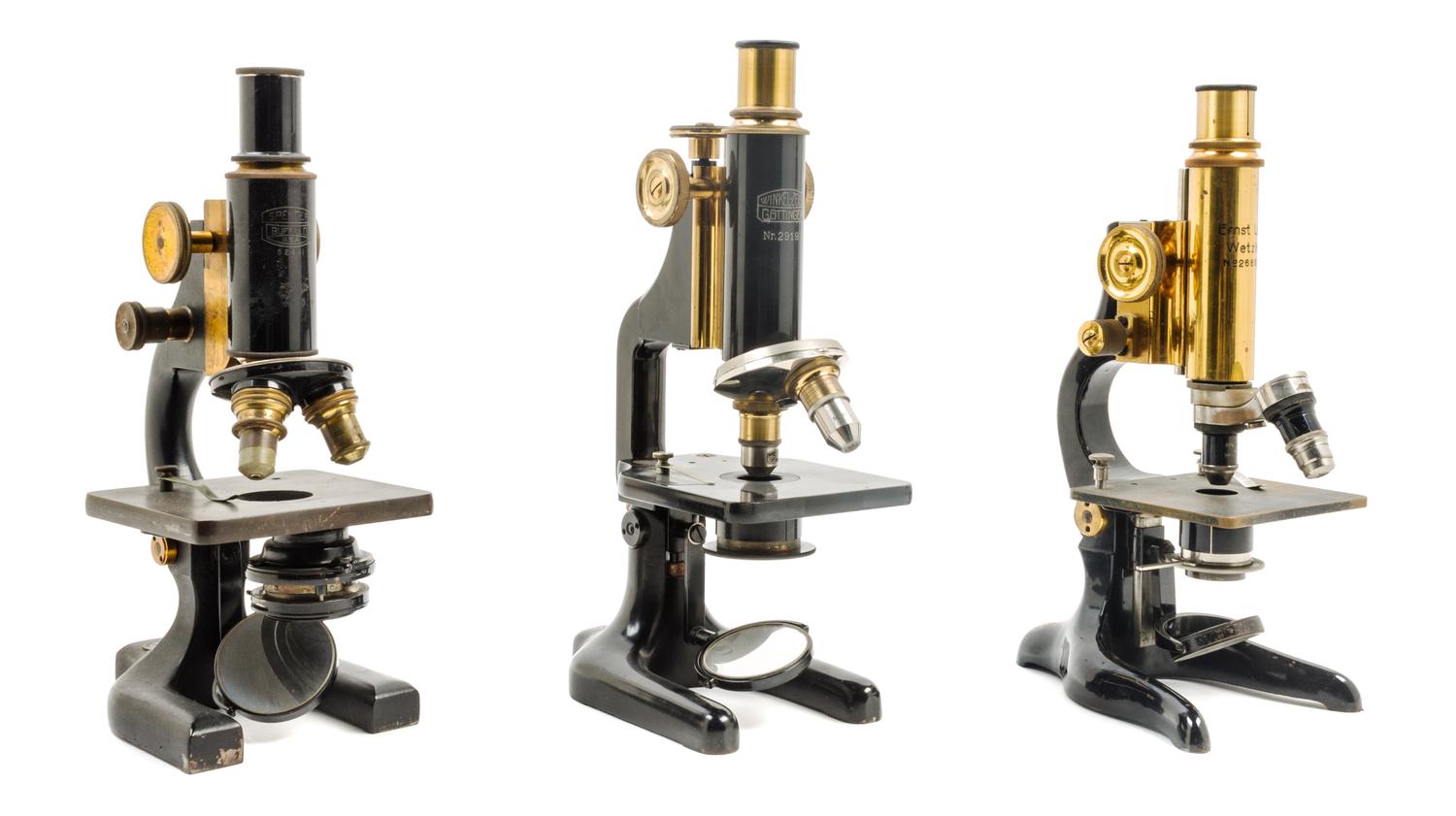 Three Brass and Black Lacquered Microscopes Height of tallest case 13 1/2 inches. — LEITZ, LATE 19TH CENTURY AND OTHERS