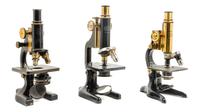 Three Brass and Black Lacquered Microscopes Height of tallest case 13 1/2 inches. — LEITZ, LATE 19TH CENTURY AND OTHERS