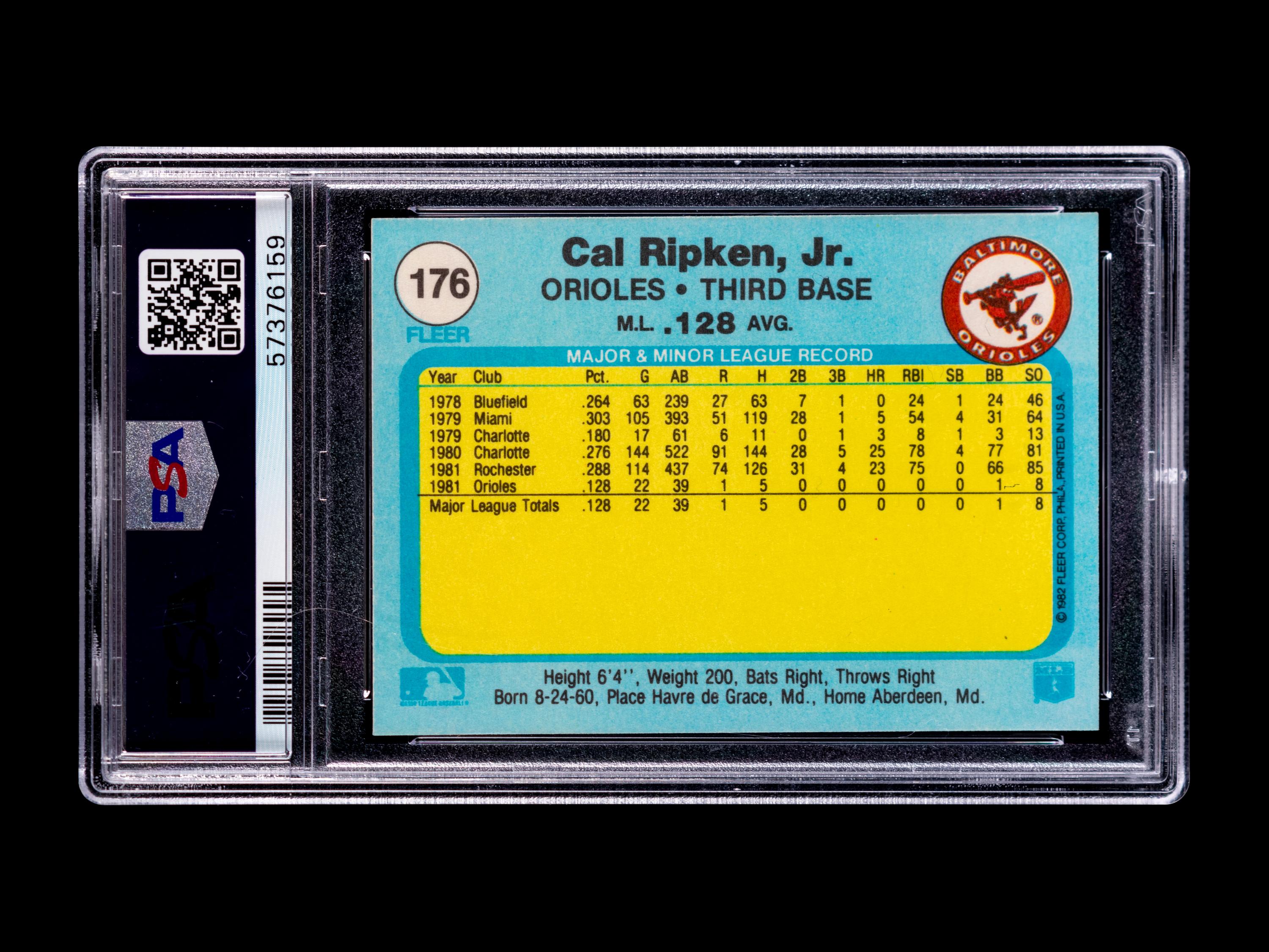A 1982 Fleer Cal Ripken Jr. Rookie Baseball Card No. 176 (PSA 10, GEM MINT),