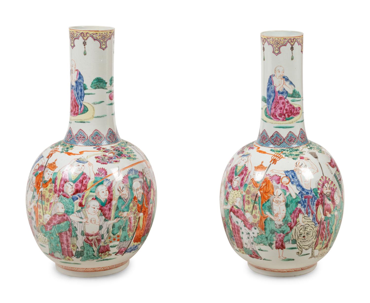 A Pair of Large Chinese Famille Rose Porcelain Bottle Vases