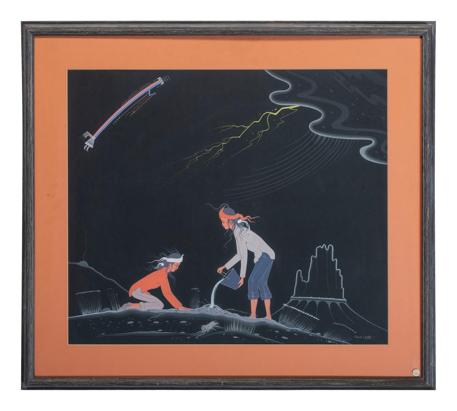 untitled, night scene with boys and prairie dog