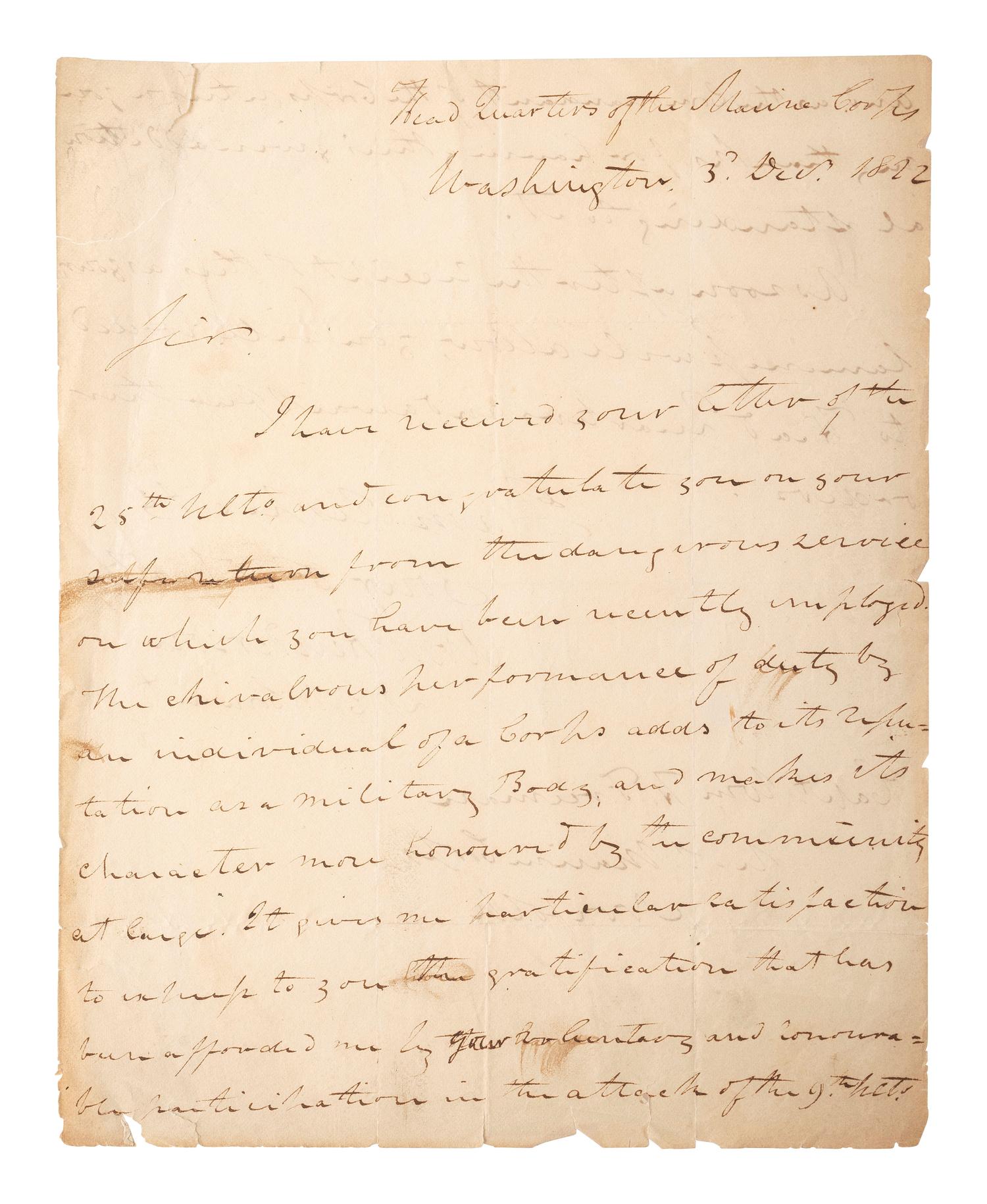 [US MARINE CORPS]. HENDERSON, Archibald (1783-1859). Autograph letter signed ("Archd Henderson Lt. Col. Commt."), regarding the bravery of Captain William H. Freeman. "Head Quarters of the Marine Corps," Washington, DC, 3 December 1822.