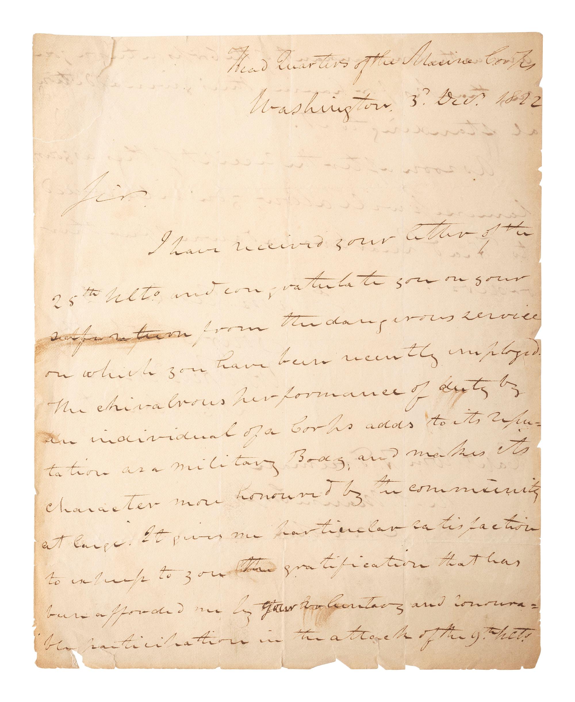 [US MARINE CORPS]. HENDERSON, Archibald (1783-1859). Autograph letter signed ("Archd Henderson Lt. Col. Commt."), regarding the bravery of Captain William H. Freeman. "Head Quarters of the Marine Corps," Washington, DC, 3 December 1822.