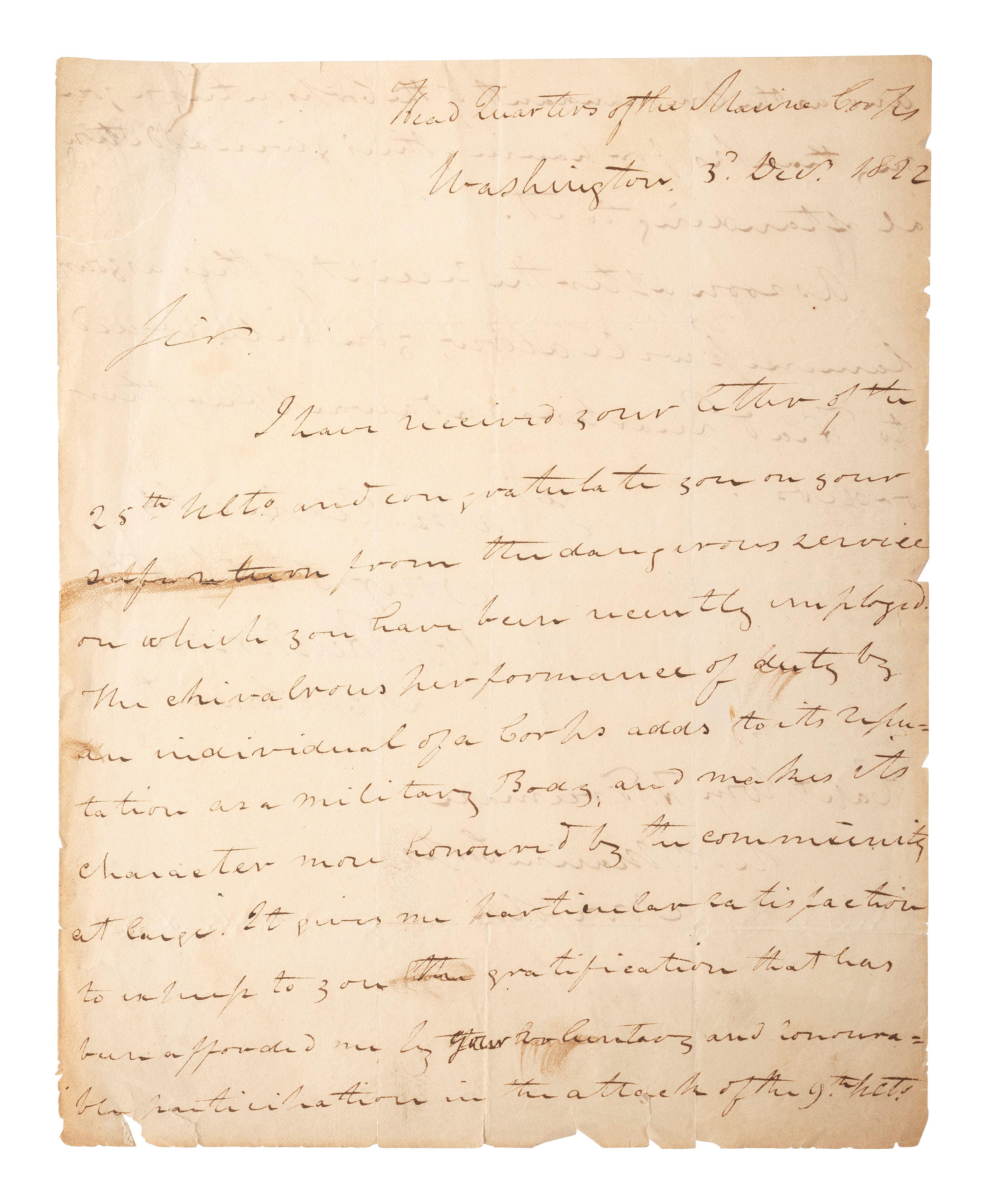 [US MARINE CORPS]. HENDERSON, Archibald (1783-1859). Autograph letter signed ("Archd Henderson Lt. Col. Commt."), regarding the bravery of Captain William H. Freeman. "Head Quarters of the Marine Corps," Washington, DC, 3 December 1822.