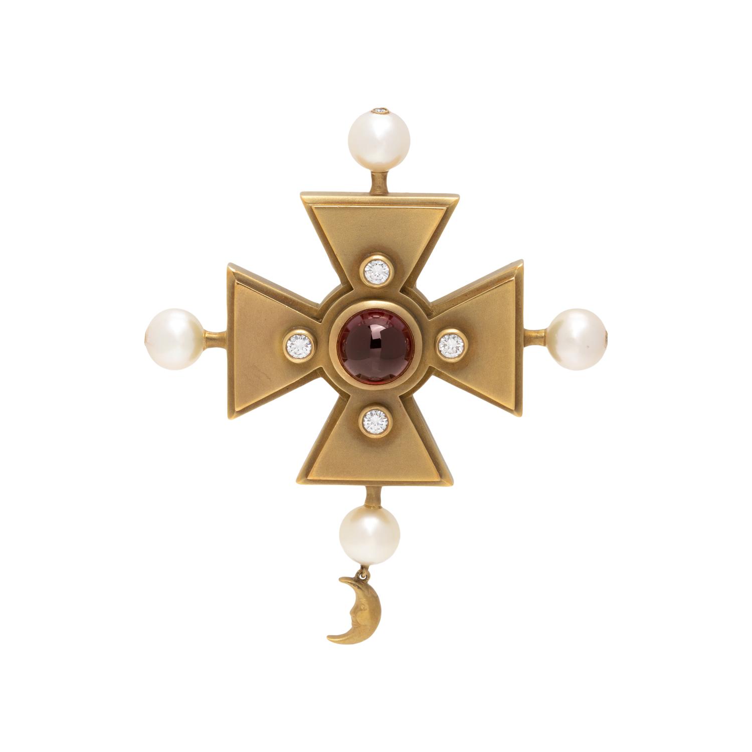 KIESELSTEIN-CORD, YELLOW GOLD, GARNET, DIAMOND AND CULTURED PEARL BROOCH