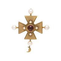 KIESELSTEIN-CORD, YELLOW GOLD, GARNET, DIAMOND AND CULTURED PEARL BROOCH