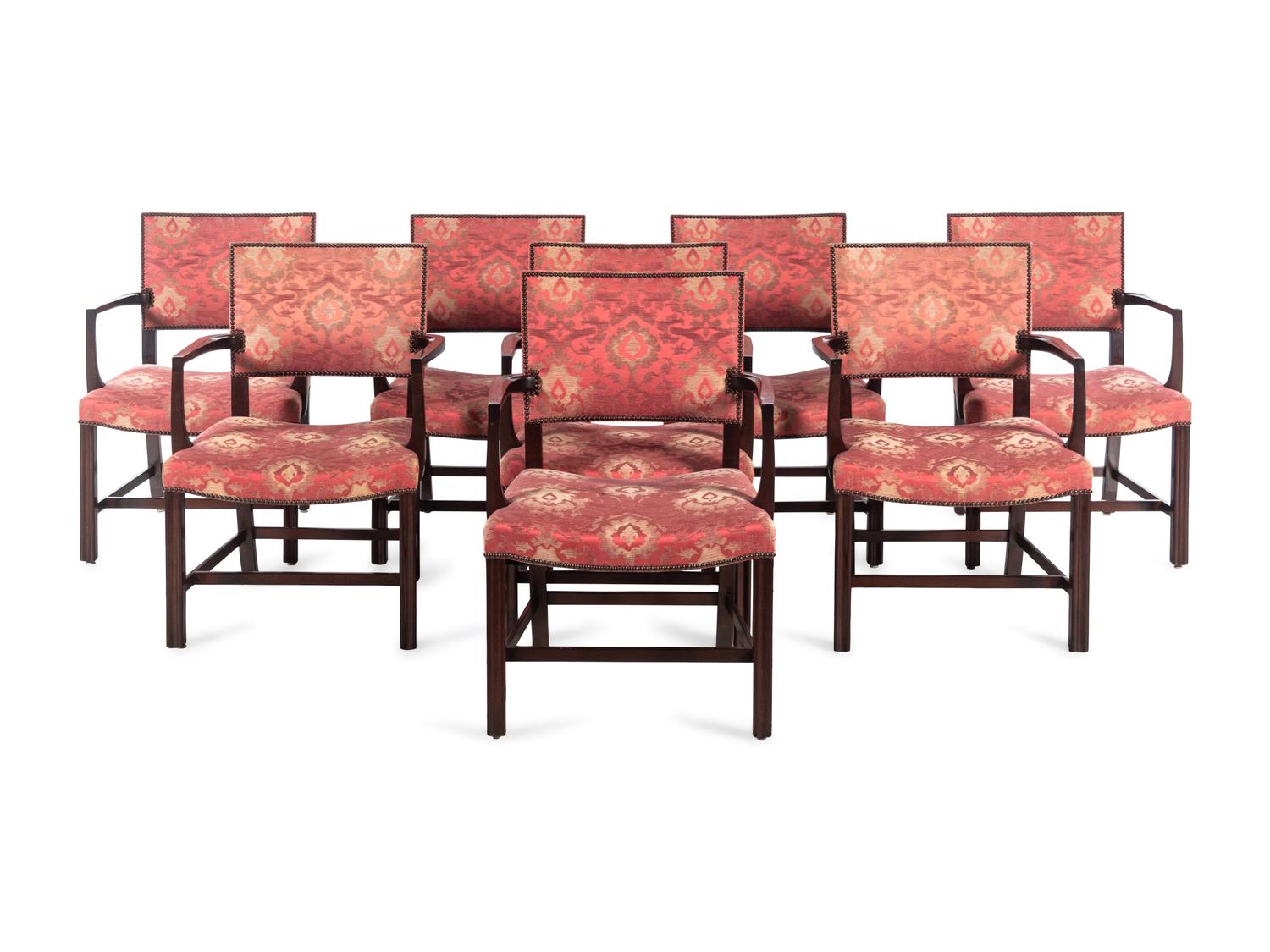 A Set of Eight Dessin Fournir Dining Chairs with Fortuny Upholstery