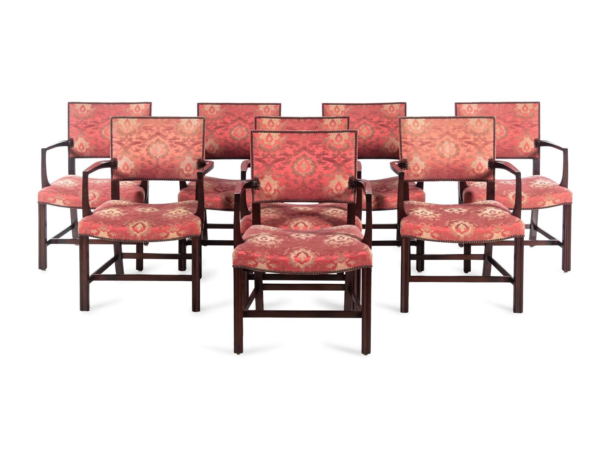 A Set of Eight Dessin Fournir Dining Chairs with Fortuny Upholstery
