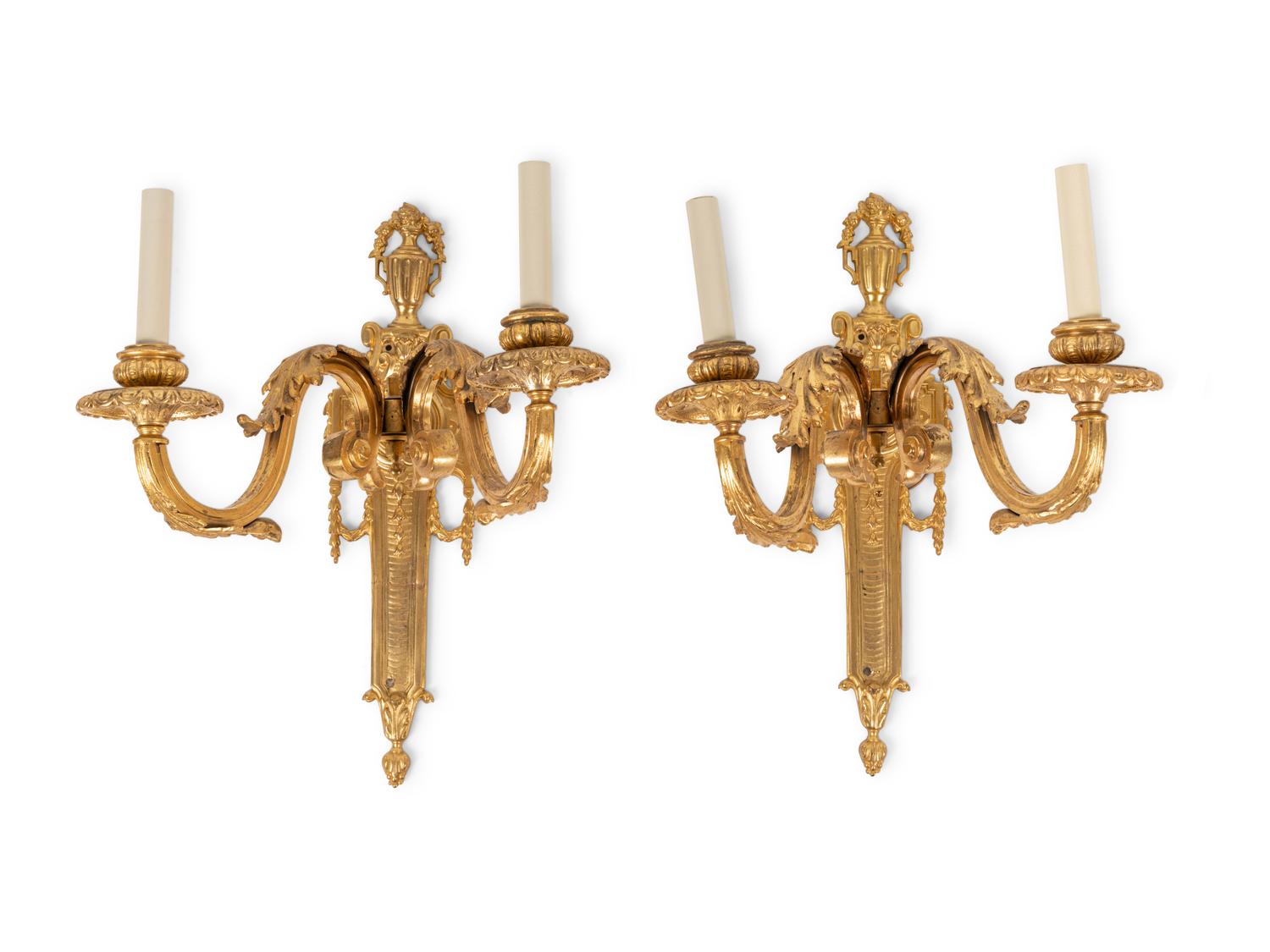 A Pair of Louis XVI Style Gilt Bronze Two-Light Sconces