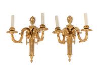 A Pair of Louis XVI Style Gilt Bronze Two-Light Sconces
