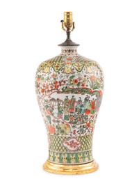 A Chinese Export Famille Jaune Porcelain Vase Mounted as a Lamp