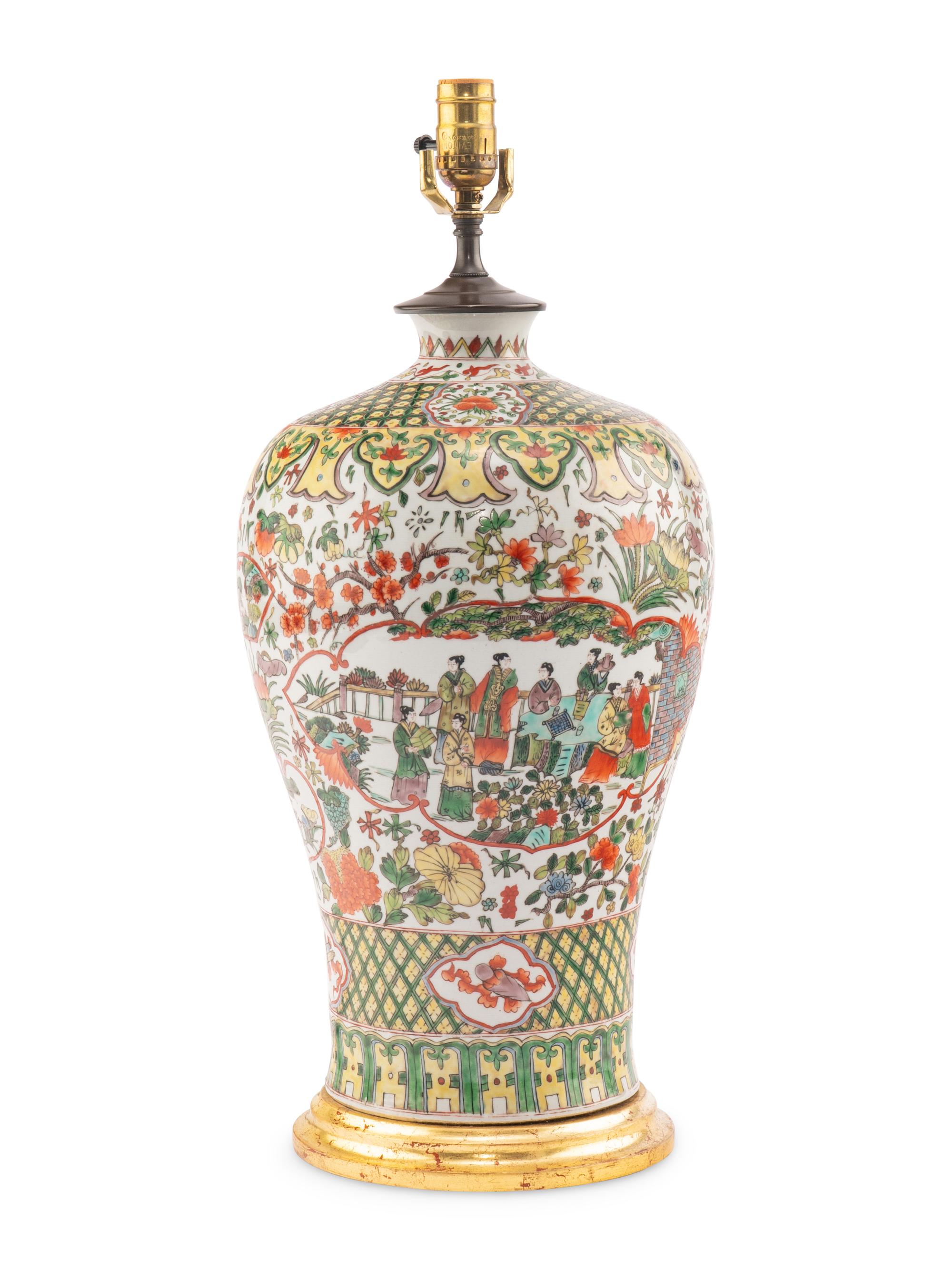 A Chinese Export Famille Jaune Porcelain Vase Mounted as a Lamp