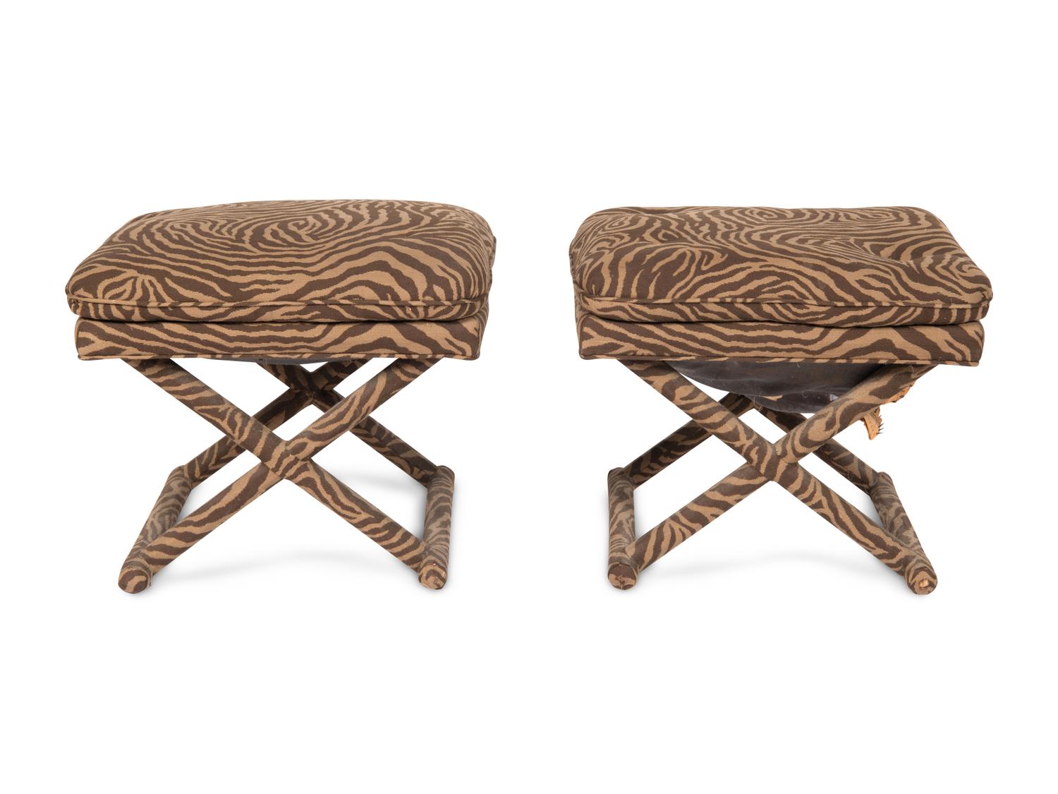 A Pair of Upholstered X-Frame Stools