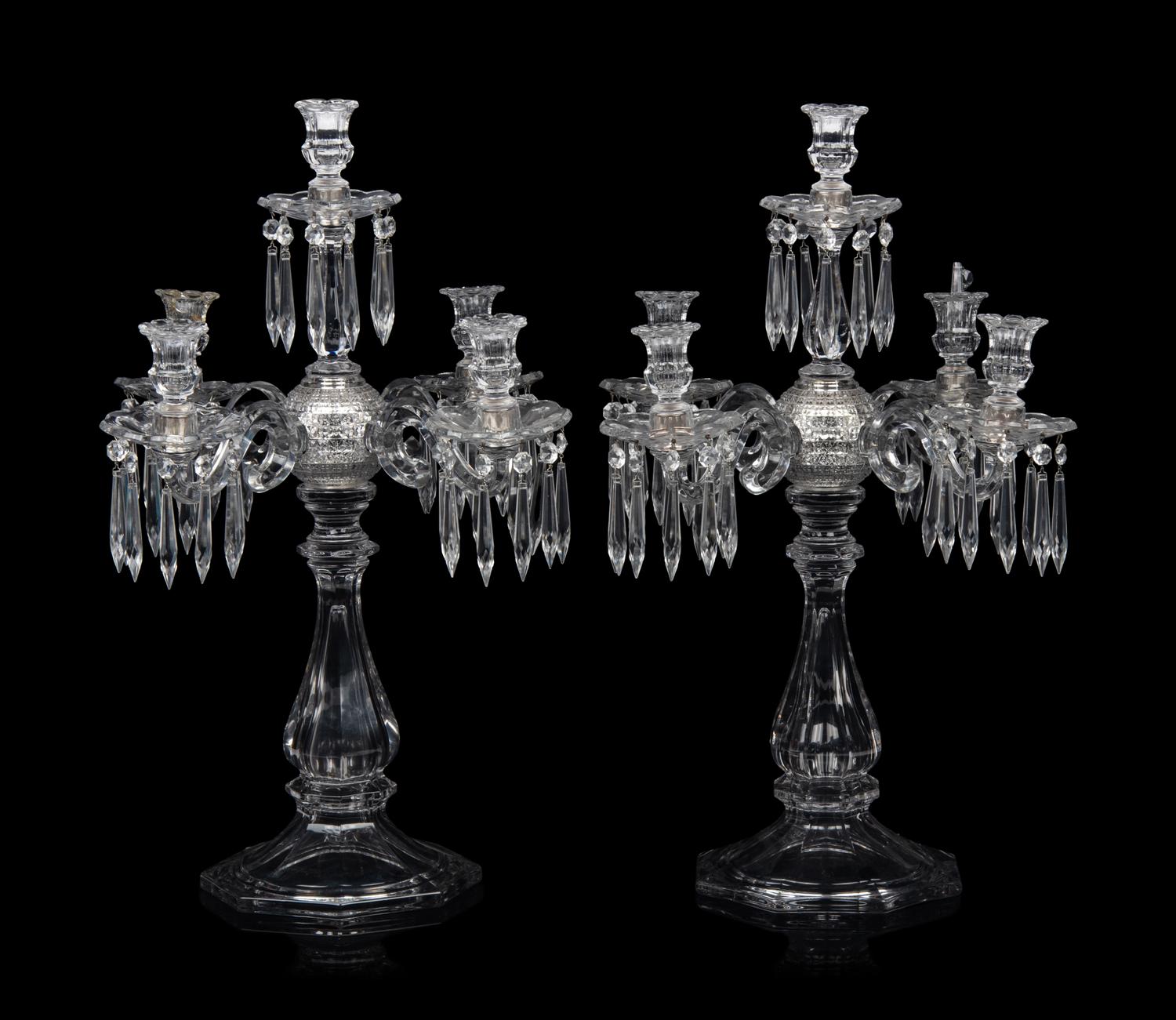A Pair of Molded Glass Five-Light Candelabra