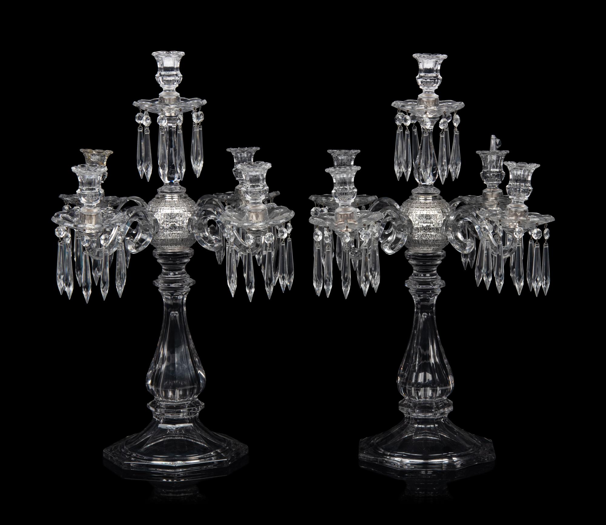 A Pair of Molded Glass Five-Light Candelabra