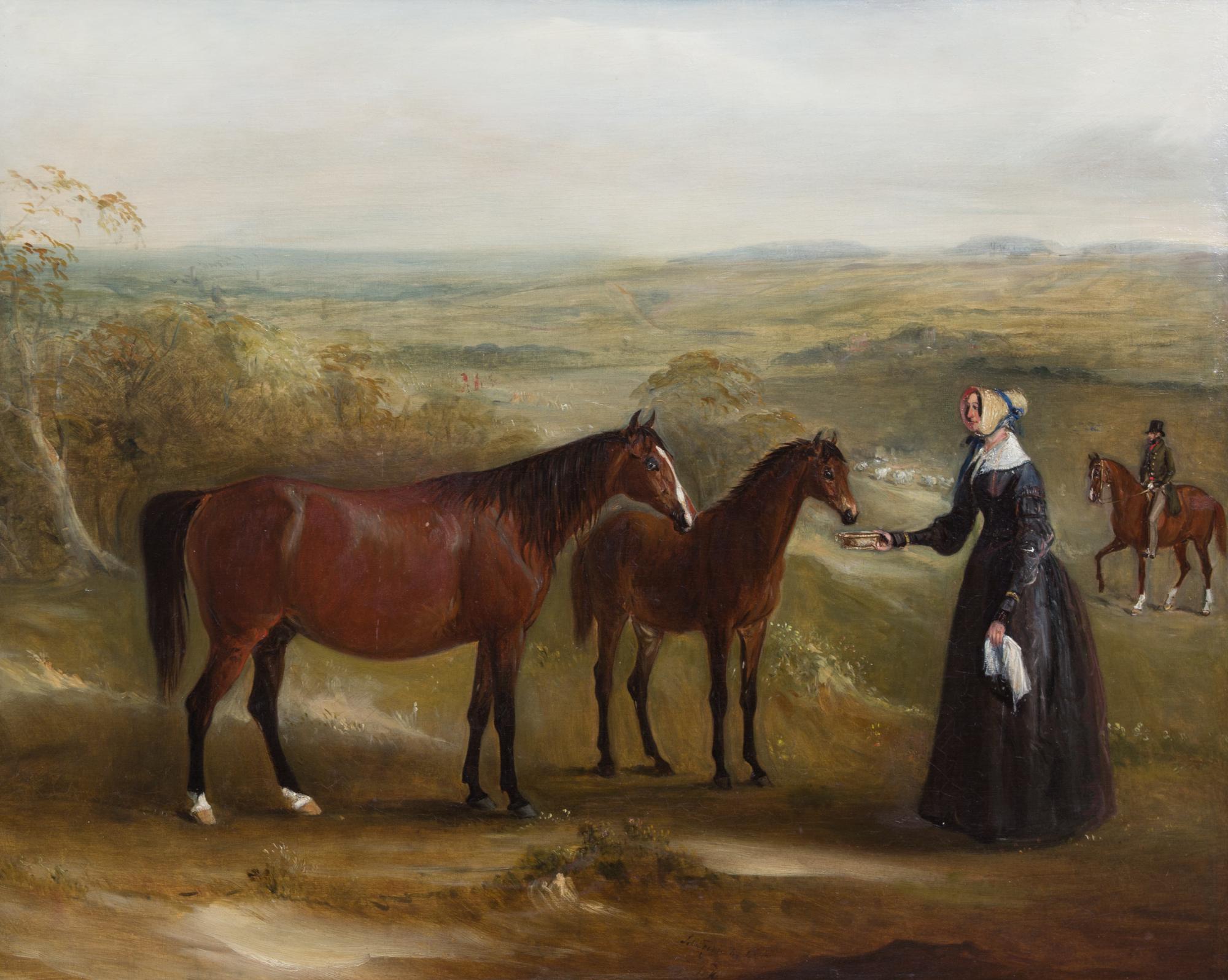 John Ferneley, Sr., (British, 1810-1862), Lady Offering Bowl to Horses in a Hilly Landscape