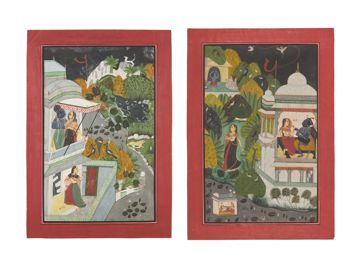 A Painting of Radha and Krishna Standing on a Projecting Balcony and A Painting of Radha and Krishna Seated Under a Dome, Probably Udaipur or Jaipur, India, 20th Century