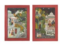 A Painting of Radha and Krishna Standing on a Projecting Balcony and A Painting of Radha and Krishna Seated Under a Dome, Probably Udaipur or Jaipur, India, 20th Century