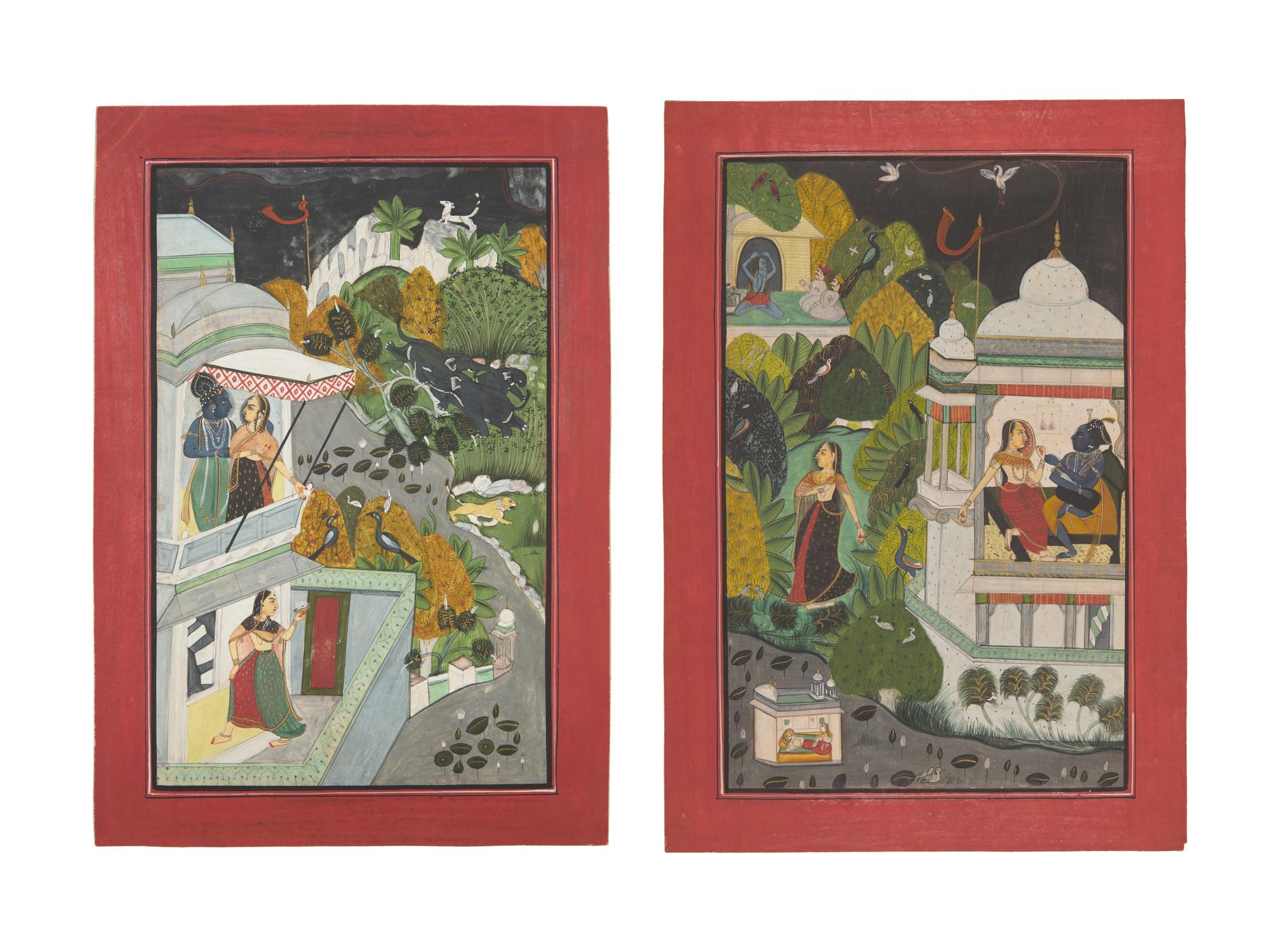 A Painting of Radha and Krishna Standing on a Projecting Balcony and A Painting of Radha and Krishna Seated Under a Dome, Probably Udaipur or Jaipur, India, 20th Century