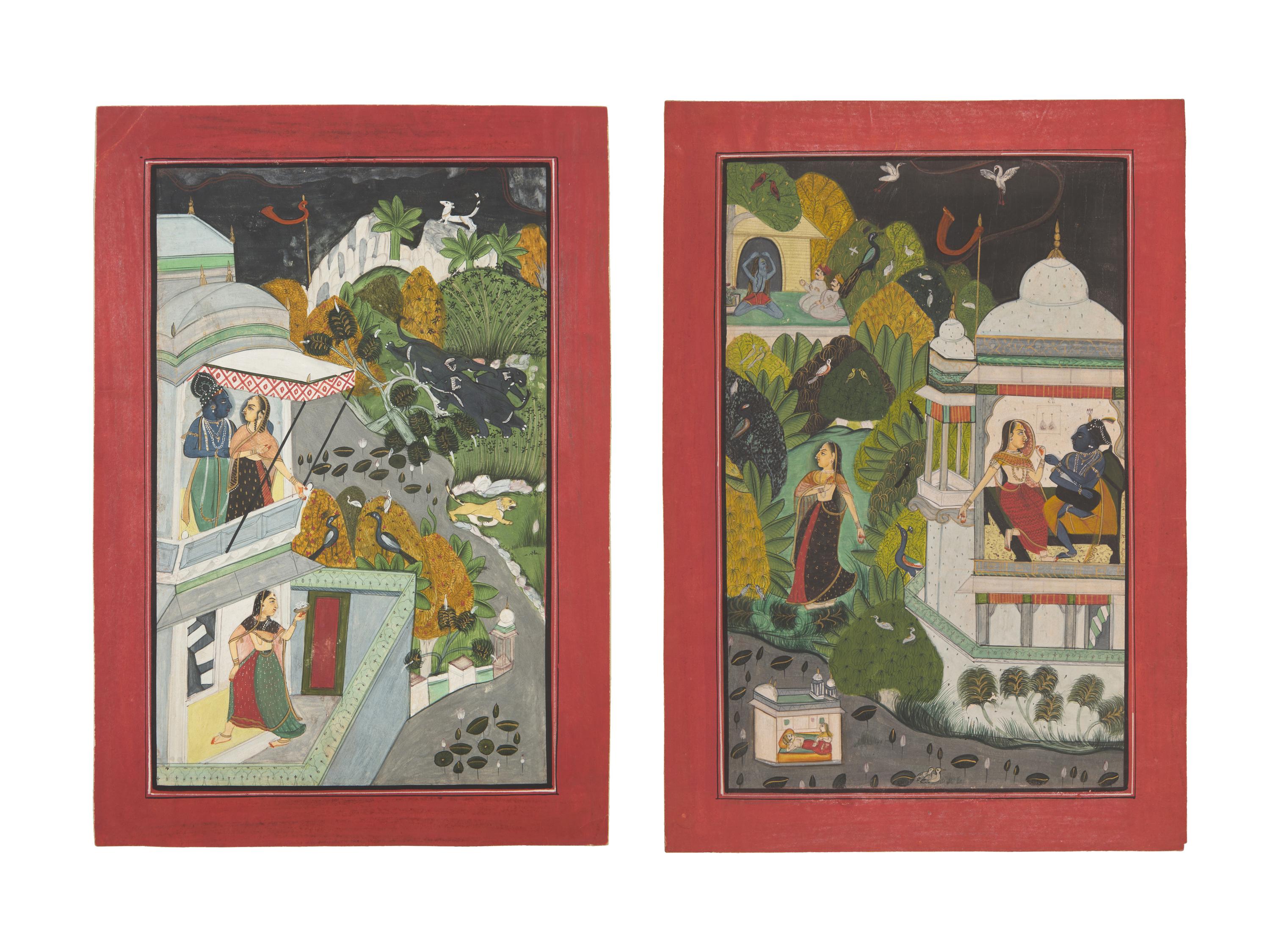 A Painting of Radha and Krishna Standing on a Projecting Balcony and A Painting of Radha and Krishna Seated Under a Dome, Probably Udaipur or Jaipur, India, 20th Century
